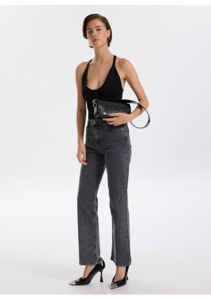Yüksek Bel Normal Paça Regular Straight Antrasit Kadın Denim Pantolon F5WL-PNT0192