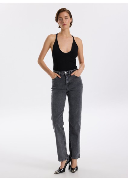 Yüksek Bel Normal Paça Regular Straight Antrasit Kadın Denim Pantolon F5WL-PNT0192