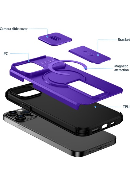 iPhone 13 Pro Max Için Manyetik Kılıf, Kayar Kamera Korumalı Çift Katmanlı Darbeye Dayanıklı Telefon Kılıfı, Ayarlanabilir Stand, Mor (Yurt Dışından) fiyatları
