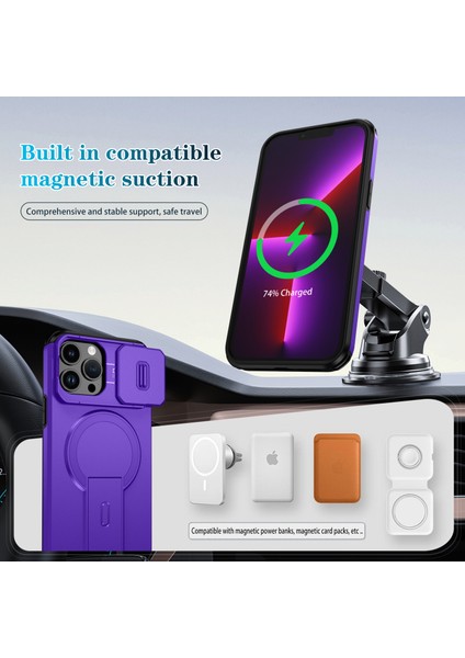 iPhone 13 Pro Max Için Manyetik Kılıf, Kayar Kamera Korumalı Çift Katmanlı Darbeye Dayanıklı Telefon Kılıfı, Ayarlanabilir Stand, Mor (Yurt Dışından) modelleri