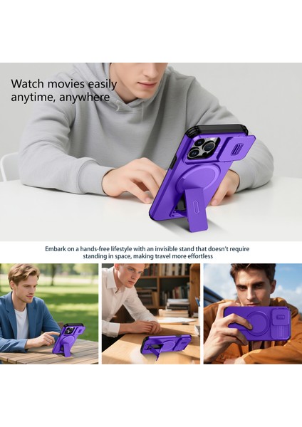 iPhone 13 Pro Max Için Manyetik Kılıf, Kayar Kamera Korumalı Çift Katmanlı Darbeye Dayanıklı Telefon Kılıfı, Ayarlanabilir Stand, Mor (Yurt Dışından) indirimleri