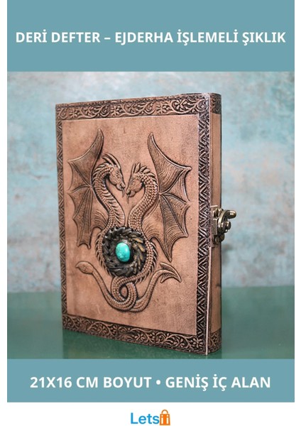 Ejderha Işlemeli Taşlı Deri Defter 21X16 cm
