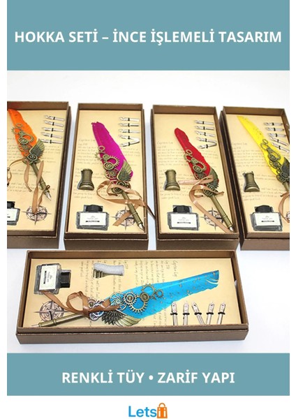 Renkli Tüyli Zarif Divit Hokka Yazı Seti