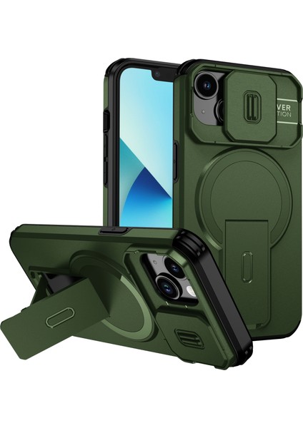 iPhone 14/iphone 13 Için Manyetik Kılıf, Kayar Kamera Korumalı Çift Katmanlı Darbeye Dayanıklı Telefon Kılıfı, Ayarlanabilir Stand, Yeşil (Yurt Dışından)