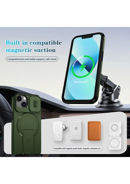 iPhone 14/iphone 13 Için Manyetik Kılıf, Kayar Kamera Korumalı Çift Katmanlı Darbeye Dayanıklı Telefon Kılıfı, Ayarlanabilir Stand, Yeşil (Yurt Dışından) modelleri