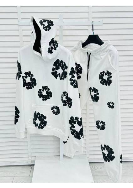 Kapüşonlu Beyaz Renk Çiçek Desenli Oversize 3 Iplik Erkek Eşofman Takımı - %100 Pamuk