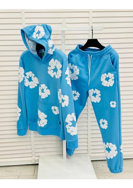 Kapüşonlu Mavi Renk Çiçek Desenli Oversize 3 Iplik Erkek Eşofman Takımı - %100 Pamuk