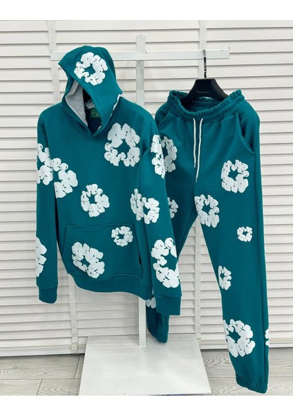 Kapüşonlu Yeşil Renk Çiçek Desenli Oversize 3 Iplik Erkek Eşofman Takımı - %100 Pamuk