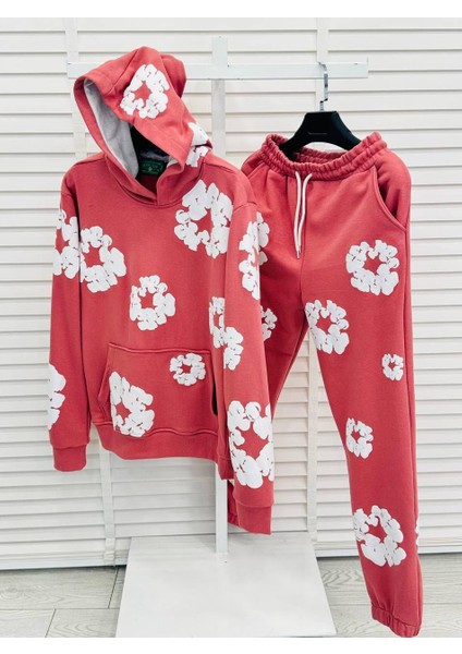 Kapüşonlu Kırmızı Renk Çiçek Desenli Oversize 3 Iplik Erkek Eşofman Takımı - %100 Pamuk