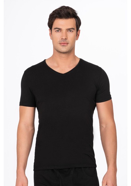 Pamuklu Modal V Yaka Kısa Kollu Tişört Fanila | Siyah K11143 indirimleri