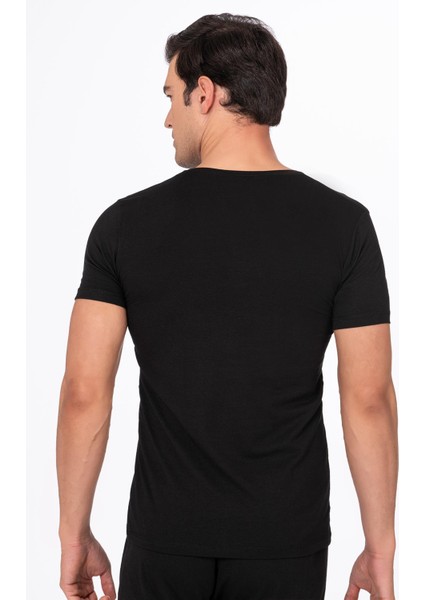 Pamuklu Modal V Yaka Kısa Kollu Tişört Fanila | Siyah K11143