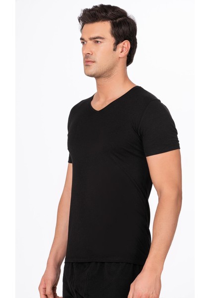 Pamuklu Modal V Yaka Kısa Kollu Tişört Fanila | Siyah K11143