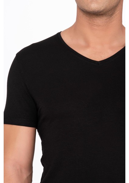 Pamuklu Modal V Yaka Kısa Kollu Tişört Fanila | Siyah K11143