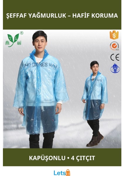 Unisex Ince Şeffaf Yağmurluk Kapüşonlu Dört Çıtçıtlı