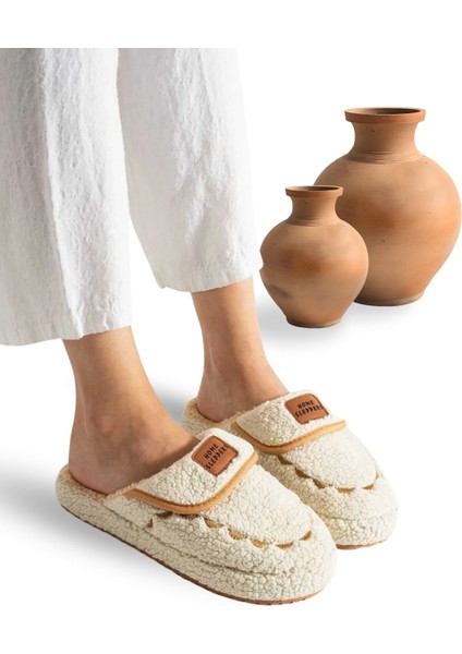 Kadın Ev Terliği Hafif Tabanlı Sıcak Tutan Kışlık Kadın Ev Terliği Çeyiz Terliği Ekru