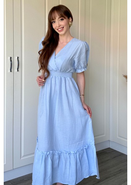 Müslin Kumaş Kısa Kol Midi Mavi Elbise modelleri