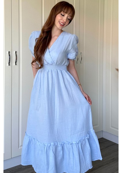 Müslin Kumaş Kısa Kol Midi Mavi Elbise indirimleri
