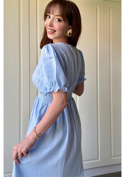 Müslin Kumaş Kısa Kol Midi Mavi Elbise