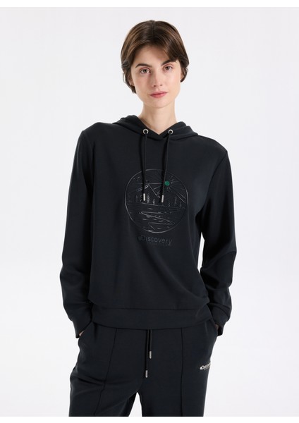 D5WL-SWT3614 Siyah Kapüşon Yaka Relaxed Baskılı Kadın Sweatshırt