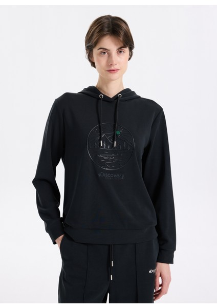 D5WL-SWT3614 Siyah Kapüşon Yaka Relaxed Baskılı Kadın Sweatshırt modelleri