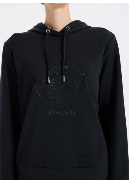 D5WL-SWT3614 Siyah Kapüşon Yaka Relaxed Baskılı Kadın Sweatshırt fırsatları