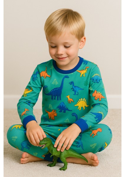 Erkek Çocuk Likralı Penye Kaliteli Dinozor Baskılı Pijama Takımı