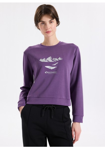 D5WL-SWT3615 Mor Bisiklet Yaka Relaxed Baskılı Kadın Sweatshırt