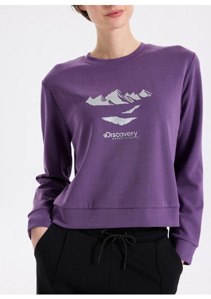 D5WL-SWT3615 Mor Bisiklet Yaka Relaxed Baskılı Kadın Sweatshırt fırsatları