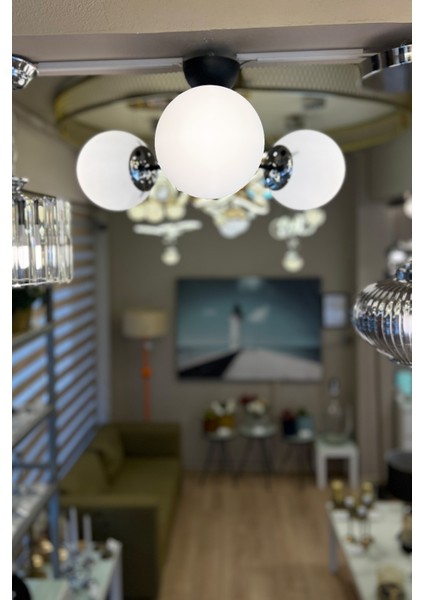 Globe Black & Silver TRİO Beyaz Cam Avize