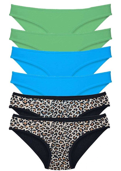 6 Adet Likralı Kadın Slip Külot Leopar Yeşil Mavi