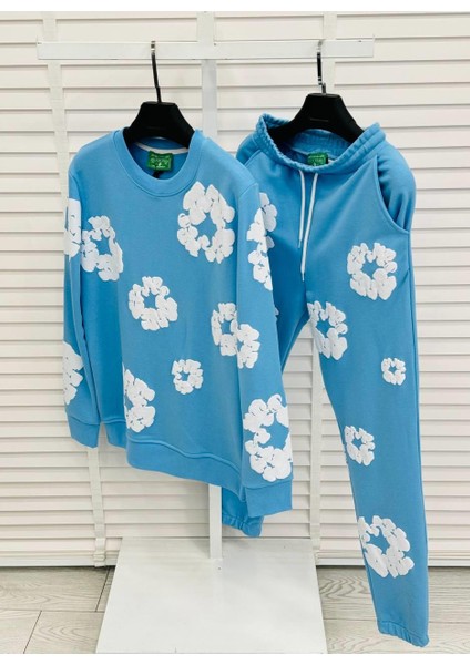 Mavi Renk Çiçek Desenli Oversize 3 Iplik Erkek Eşofman Takımı - %100 Pamuk