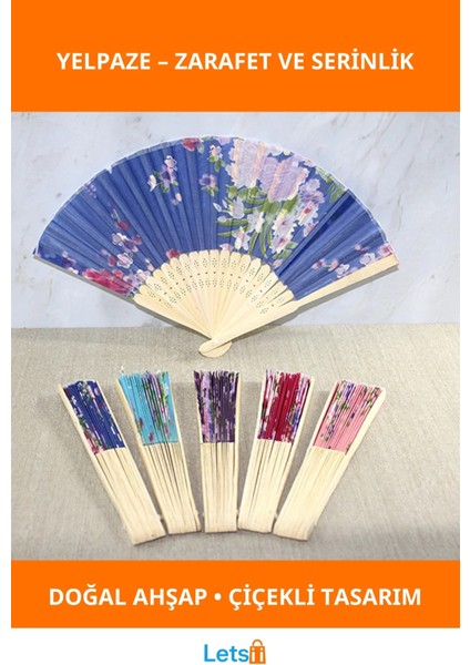 Doğal Ahşap Renkli Çiçekli Katlanabilir Yelpaze