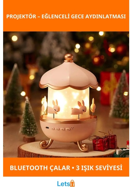 Tavşan Atlıkarınca Bluetooth Müzik Kutusu ve Projektör Işıklı Gece Lambası