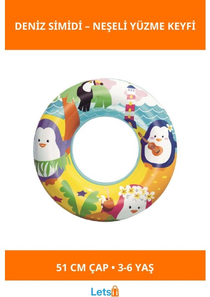 Sevimli Hayvanlar Desenli Çocuk Deniz Simidi 51 cm 3 6 Yaş