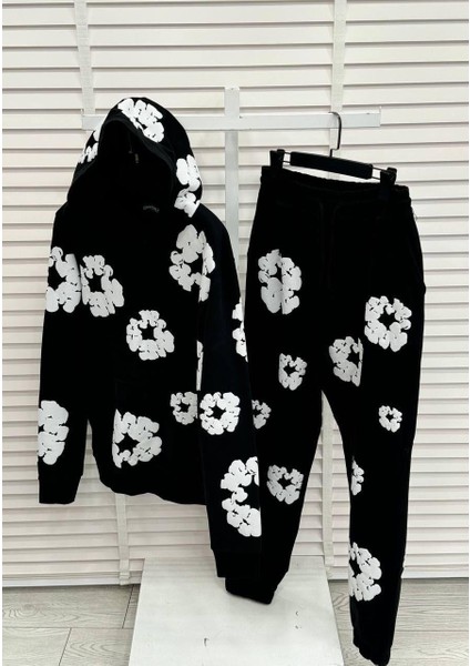 Kapüşonlu Siyah Renk Çiçek Desenli Oversize 3 Iplik Erkek Eşofman Takımı - %100 Pamuk