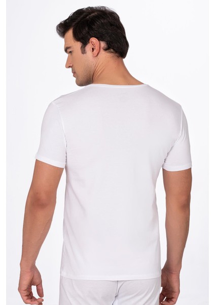 Pamuklu Modal V Yaka Kısa Kollu Tişört Fanila | Beyaz K11143 indirimleri