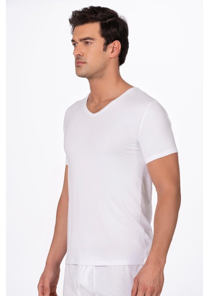 Pamuklu Modal V Yaka Kısa Kollu Tişört Fanila | Beyaz K11143