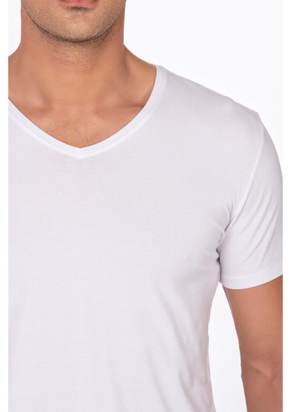 Pamuklu Modal V Yaka Kısa Kollu Tişört Fanila | Beyaz K11143