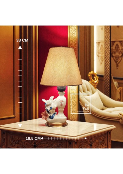 Pratt Porselen Kuş Figürlü Abajur, 33 cm Masa Lambası, Lüks Dekoratif Aydınlatma Ev Hediyesi Obje