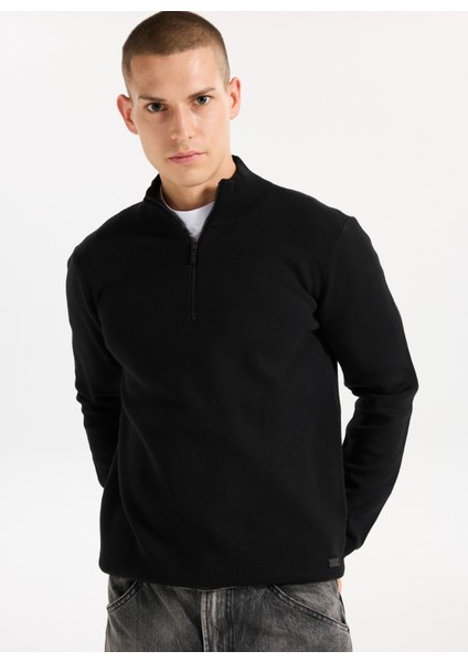 Dik Yaka Relaxed Düz Örgü Desenli Siyah Erkek Kazak J5WM-KZK7204