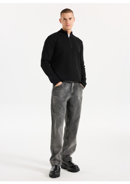 Dik Yaka Relaxed Düz Örgü Desenli Siyah Erkek Kazak J5WM-KZK7204 fiyatları