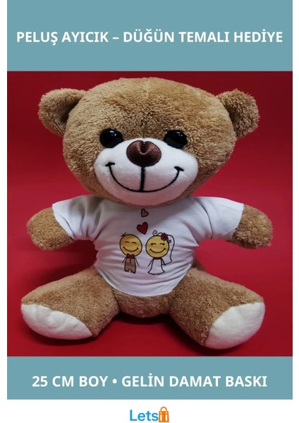 Gelin Damat Tasarım Tişörtlü Sevimli Peluş Ayıcık 25 cm