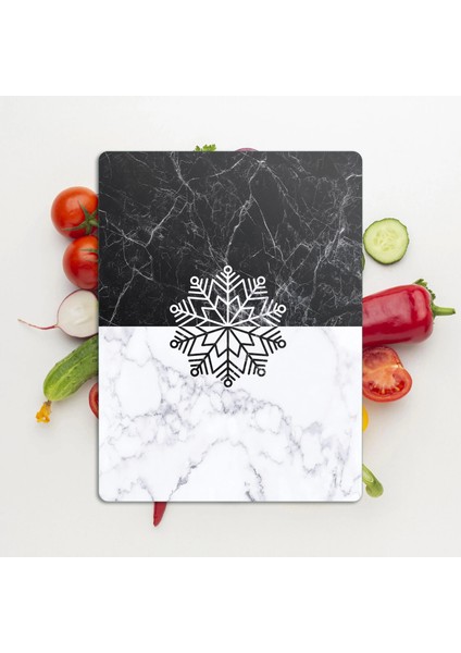 Cam Kesme Tahtası ve Sunumluk Siyah Beyaz Kar Tanesi Desenli 20X30 cm modelleri