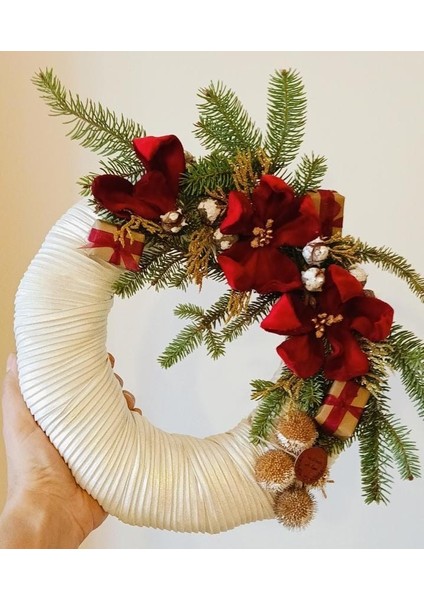 Yılbaşı Konseptli El Yapımı Beyaz Çelenk