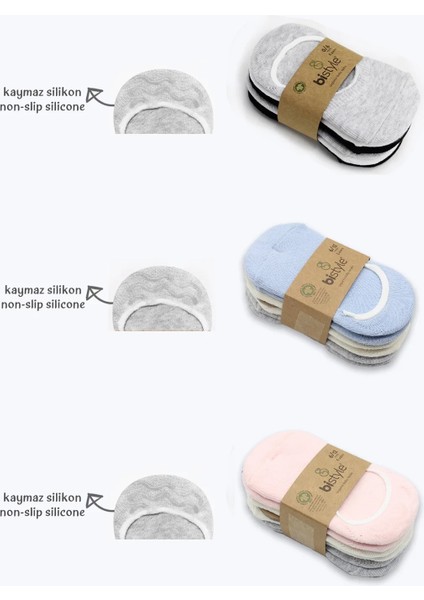 6'lı Silikonlu Babet Penye Çorap BS30101B Gri Beyaz Siyah modelleri