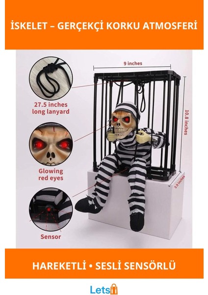 Hareketli Sesli Mahkum Görünümlü Kuru Kafa Iskelet Dekorasyon 22X27 cm