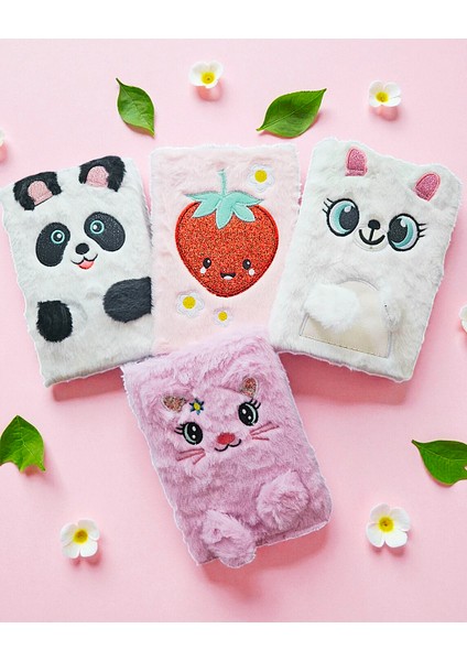Peluş Tüylü Hayvan ve Çilek Desenli Çizgili Defter 1 Adet