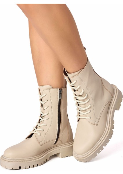 Bej Fermuarlı Bağcıklı Hakiki Deri Kadın Bot