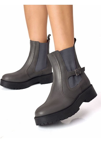 Gri Hakiki Deri Lastikli Chelsea Kadın Bot