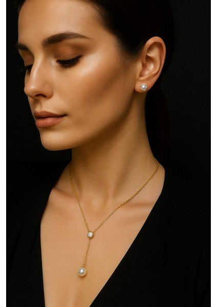 Luna Pearl 18 Ayar Altın Kaplama / Gümüş Kaplama Paslanmaz Çelik Inci Kolye & Küpe Seti – Zarif Tasarım